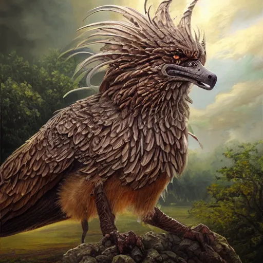 Prompt: a realistic oil painting portrait of a griffon, highly detailed, trending on artstation, by james gurney and michael whelan