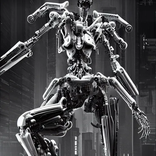 Prompt: black and white cyberpunk style dark metal skeleton, mecha hard-surface, hyperrealistic, cinematic, 3D, 8K, imagined by Ash Thorp, tsutomu nihei ghost in the shell akira