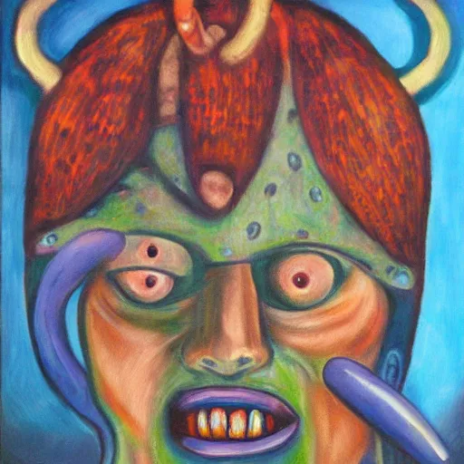 Image similar to portre of an autistic demon on acid, masonic and kabalistic symbols in background, oil painting