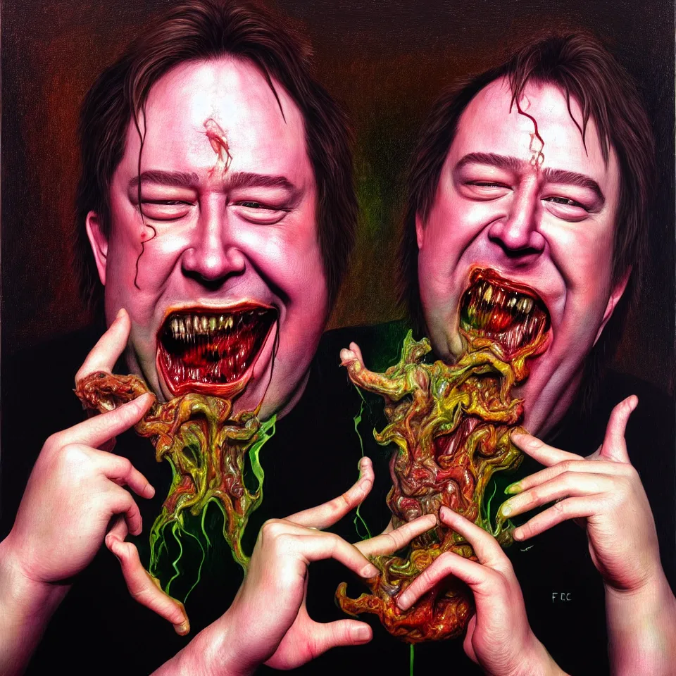 Image similar to weird and disturbing psychedelic bill hicks eating rotten flesh, smiling and puking, diffuse lighting, fantasy, intricate, elegant, highly detailed, lifelike, photorealistic, digital painting, artstation, illustration, concept art, smooth, sharp focus, art by francis bacon