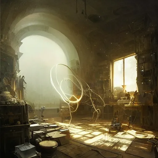 Prompt: an artist in his workshop creating a new strange cosmic form of matter, vivid caustics, realistic photography, beautiful interior, hyperrealism, incredible, award - winning photography, by greg rutkowski, lovecraftian