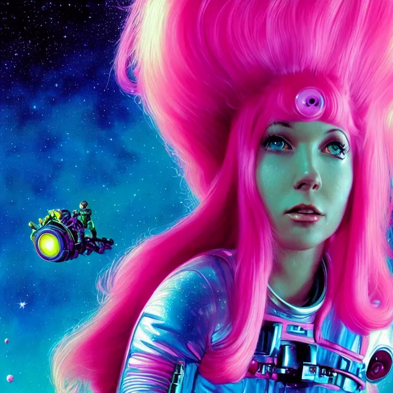 Image similar to cosmic astronaut girl pink hair, 2 0 yo, close - up, synthwave, bright neon colors, highly detailed, cinematic, tim white, roger dean, michael whelan, jim burns, bob eggleton, philippe druillet, kubrick, alfred kelsner, vallejo