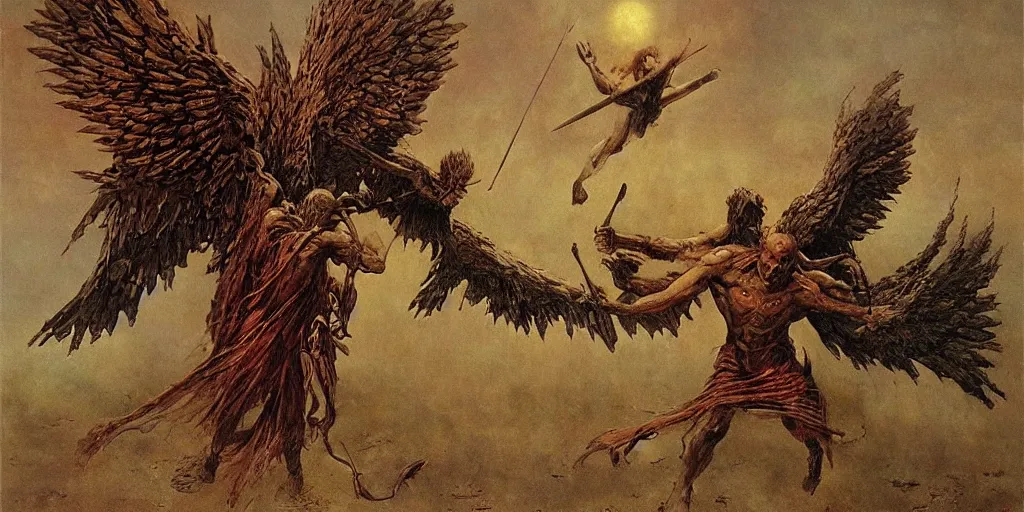 Image similar to satan fights against an archangel with large wings, beksinski, dariusz zawadzki
