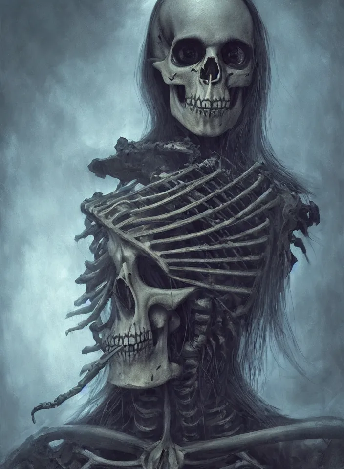 Image similar to a portrait of an undead skeleton mage from skyrim, fantasy setting, dark environment, serene colors, soft lighting, atmospheric, cinematic, moody, in the style of diego koi, gina heyer, luiz escanuela, art by alyssa monk, hyperrealism, rule of thirds, golden ratio, oil on canvas, 8 k