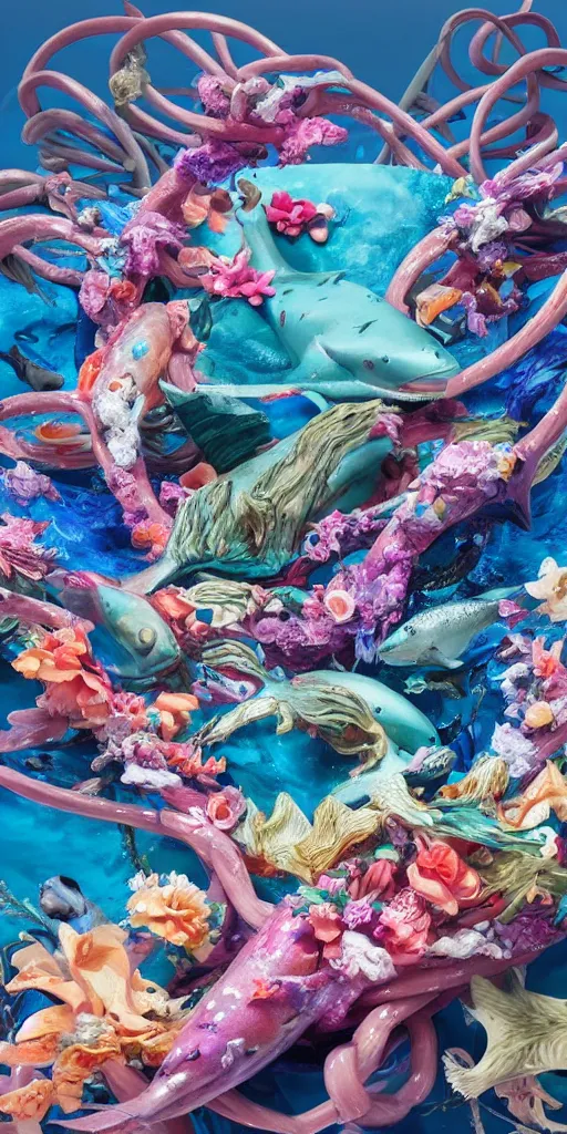 Image similar to closeup photograph of a surrealist sculpture fish intertwined, a lovely cornucopia of flowers and shark, ocean, paint pour, swirling paint, muted color palette, skin tones, highly detailed, octane render, cinematic, super resolution