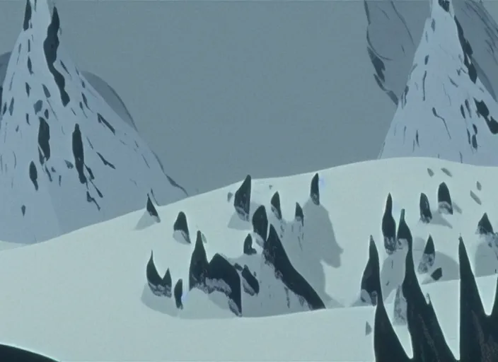 Image similar to minimalist charred rocky snowdrift landscape with slow wide contours from mulan ( 1 9 9 8 )