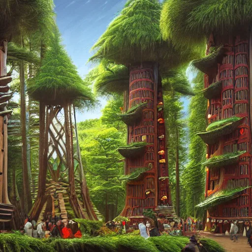 Image similar to Tlingit Maori forest of redwoods carved into towers with bulbous balconies, with a bazaar among their roots, by Studio Ghibli, Bruegel, Greg Rutkowski, and Ansel Adams, 1080p