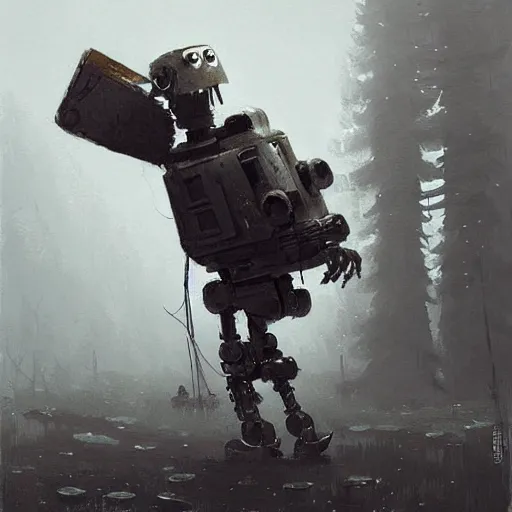 Image similar to an epic painting of a creepy robot by jakub rozalski