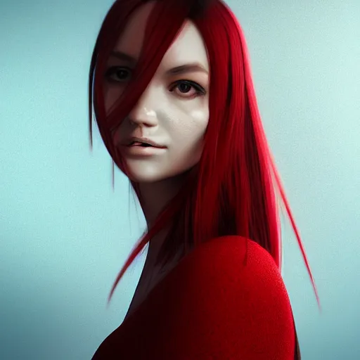 Image similar to portrait of a woman with long black hair and red eyes, wearing a red dress, 4k, detailed face, beautiful, octane render, dark lighting, artstation, high quality,