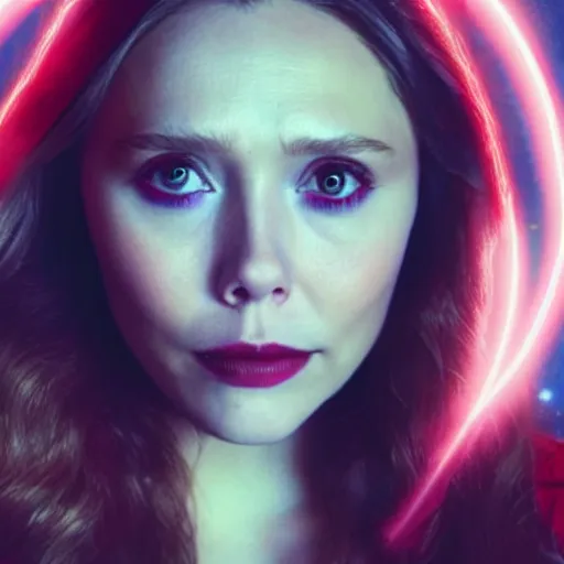 Prompt: elizabeth olsen as the scarlet witch emanates magic from her palms, full - body portrait, 3 5 mm!!!!! photography, disdain facial expression, messy!!!!! hair, trending on artstation, photorealistic!!!!!, 4 k, 8 k