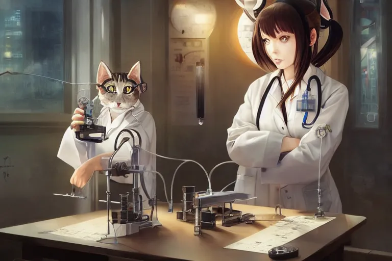 Image similar to neko woman scientist with cat ears wearing a lab coat looking at a measuring device on a table, highly detailed illustration, digital art, 4 k, by yoshitaka amano, by greg rutkowski, by dan mumford, beautiful face, warm lighting, atmoshpheric, trending on artstation, oil painting