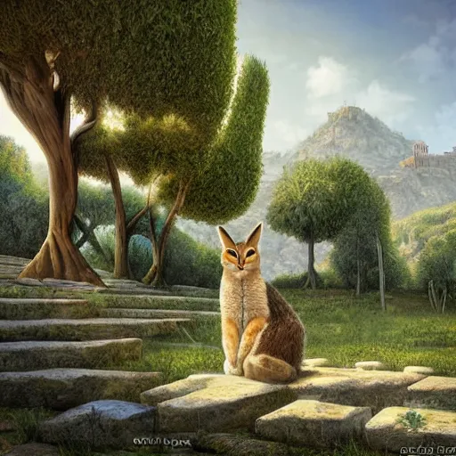 Image similar to cute fluffy caracal wearing toga, in ancient greek town, marble columns, olive trees, sunny, a beautiful landscape by gediminas pranckevicius