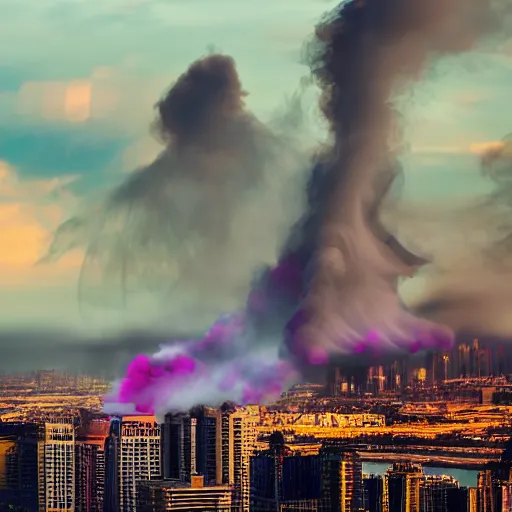 Image similar to muted colorful smoke forms into vague shape reminiscent of dragons racing. distant futuristic cityscape in the background.