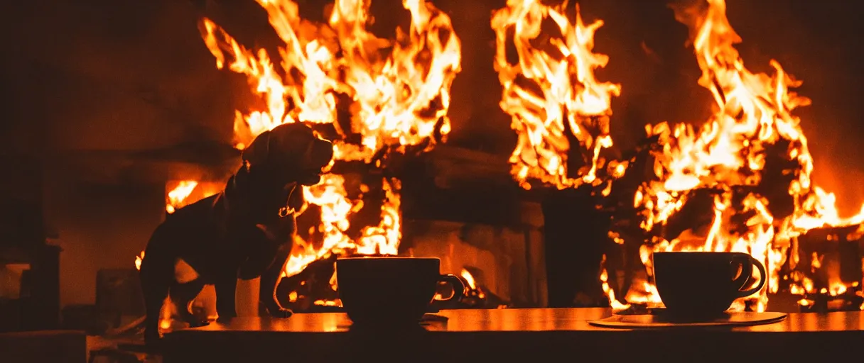 Image similar to a studio photograph (flash on) of a big fire on a dining room on fire, an human-like relaxed dog sitting on a wooden chair at a table (no fire at all there), lights on, ☕ on the table, surrounded by flames, a lot of flames behind the dog, black smoke instead of the ceiling, no watermark