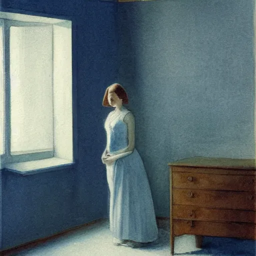 Prompt: close up of a girl in a blue and gold haunted liminal abandoned room, watercolor by ivan biblin, by hammershøi, art noveau, highly detailed, lights by edward hopper, liminal, eerie, bright pastel colors