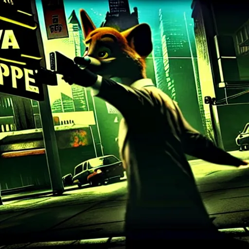 Image similar to max payne 4 set in neo - noir zootopia