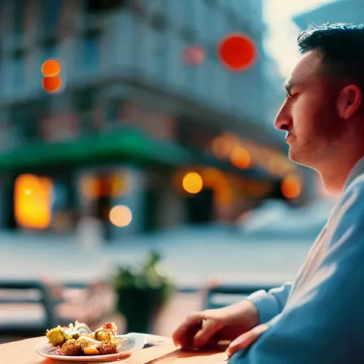 Image similar to a photo of a man sitting outside a crowded restaurant, he is staring at a computer screen, pastel background colours and square lighting structures in the background. 2 0 0 mm, bokeh, kodak ektar 1 0 0, portrait photography,
