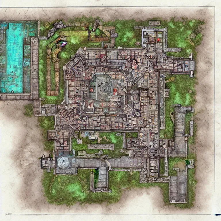 Prompt: full - color fantasy floor plan map of a dungeon, by james gurney, trending on artstation