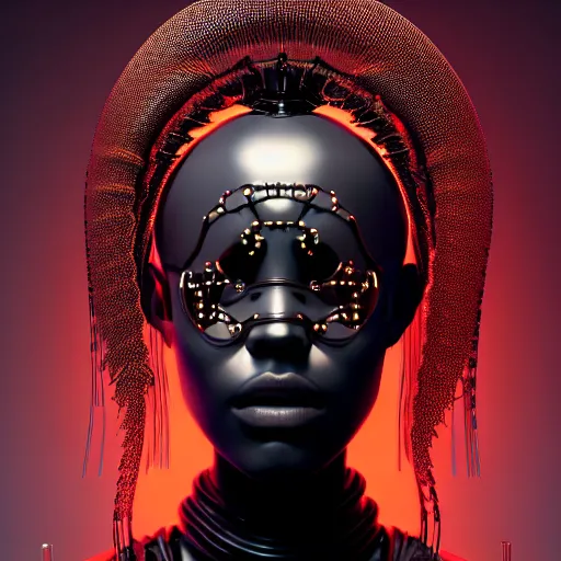 Prompt: portrait of an absurdly beautiful, graceful, sophisticated, fashionable black cyberpunk mechanoid gravure idol, hyperdetailed illustration by irakli nadar, matt wisniewski style, intricate linework, dark black porcelain skin, jellyfish headdress, brown eyes, unreal engine 5 highly rendered, red light, detailed and intricate environment