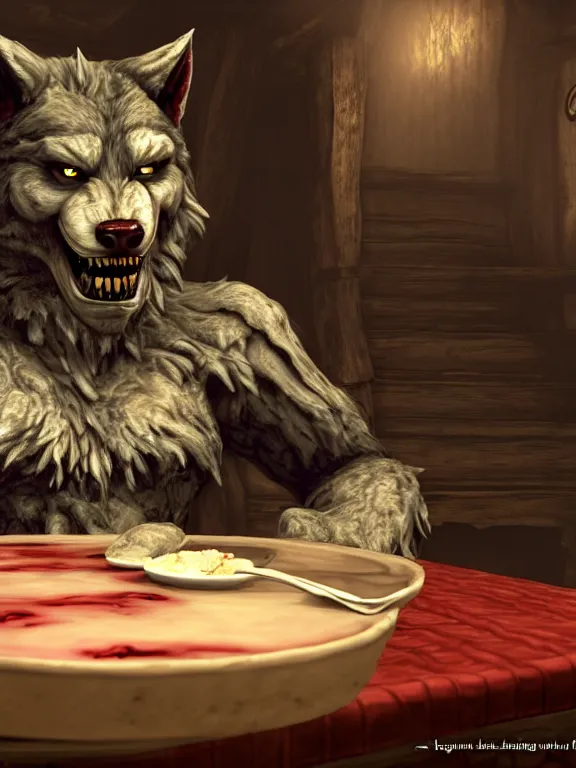 Image similar to cute handsome cuddly burly surly relaxed calm timid werewolf from van helsing sitting down at the breakfast table in the kitchen of a normal country home cooking having fun lighthearted whimsy baking strawberry tart cakes unreal engine hyperreallistic render 8k character concept art masterpiece screenshot from the video game the Elder Scrolls V: Skyrim