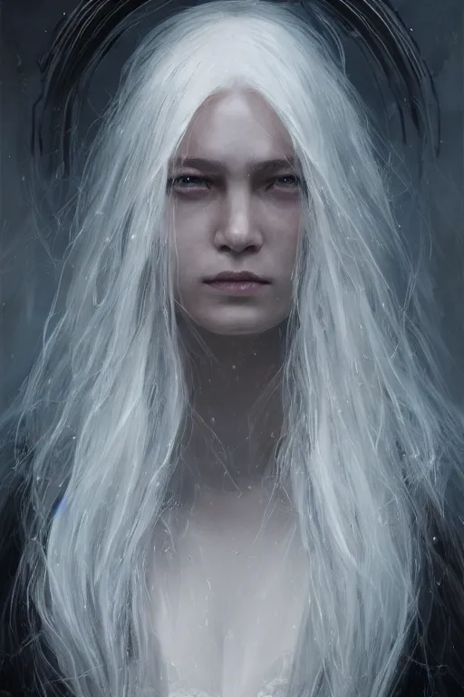 Image similar to a fancy portrait of a beautiful young strong women with long white hair by greg rutkowski, sung choi, mitchell mohrhauser, maciej kuciara, johnson ting, maxim verehin, peter konig, bloodborne, 8 k photorealistic, cinematic lighting, hd, high details, dramatic, dark atmosphere, trending on artstation