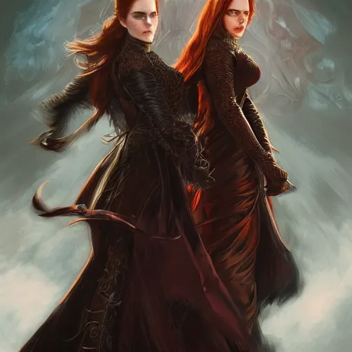 Image similar to a beautiful portrait of emma watson and scarlett johanson as a red haired vampire sorceresses, leather armor, d & d, fantasy, intricate, elegant, highly detailed, digital painting, artstation, concept art, matte, sharp focus, illustration, art by greg rutkowski and alphonse mucha
