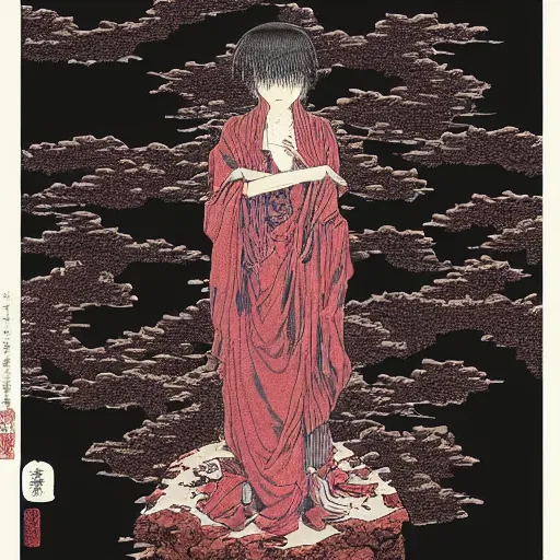 Image similar to !dream A rose covered statue of a demon, rocky surface with fractures of lines, gazing upwards towards the heaven, style of solarpunk, by Takato Yamamoto and Gigadō Ashiyuki