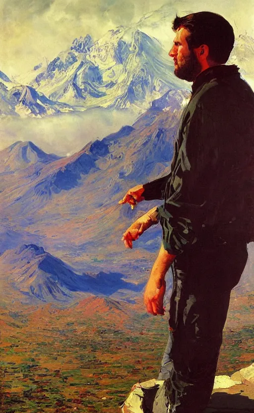 Prompt: portrait of gabriel boric with the andes mountain range in the background in a dystopic chile by john berkey and monet