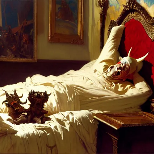 Image similar to the pope is in his bed, nervous and terrified, because a double horned shadow demon from hell lingers across the bed. highly detailed painting by gaston bussiere, j. c. leyendecker, greg rutkowski, craig mullins 8 k