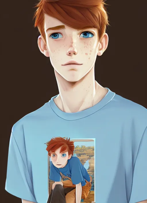 Image similar to portrait of a teen boy with completely straight auburn hair, light blue eyes, pale skin, freckles, sad expression, t - shirt, modern casual clothing, natural lighting, path traced, highly detailed, high quality, cartoon, digital painting, by don bluth and ross tran and studio ghibli