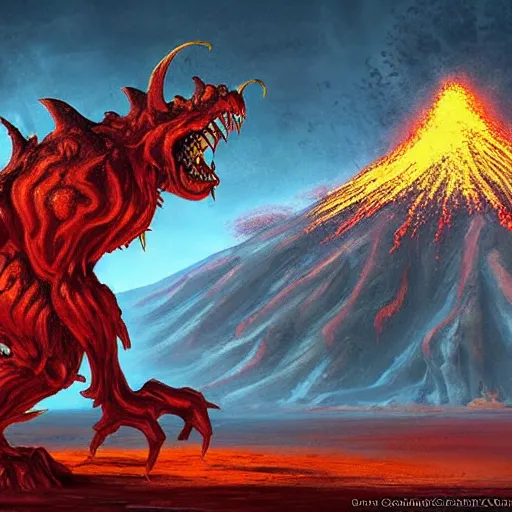 Prompt: “ a highly detailed red volcanic goblin, like magic the gathering, goblin chainwalker, with a volcano in the background, digital art, by christopher rush ” w 7 6 8