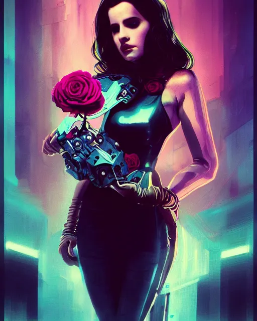 Image similar to portrait of lana del rey as a cyberpunk cyborg. sci - fi intricate abstract upper body intricate artwork, roses, rose petals by tooth wu, wlop, beeple, dan mumford. concept art, octane render, trending on artstation, greg rutkowski, asymmetrical, cinematic arthouse, key art, hyper realism, iridescent accents