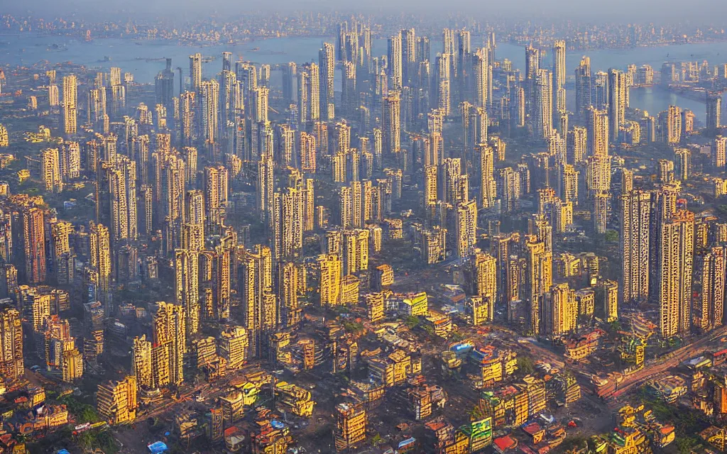 Image similar to mumbai, india in the year 2 0 7 0, street view, coastline, golden hour