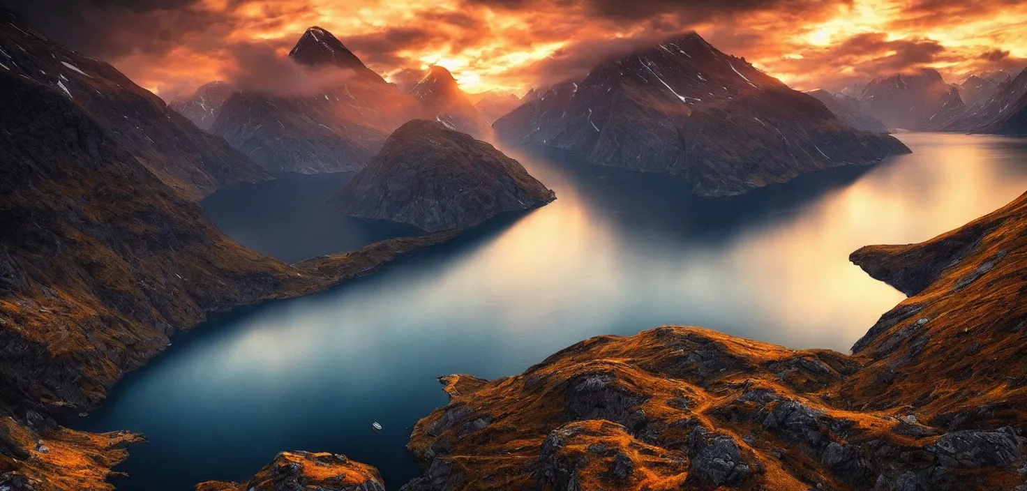 Prompt: amazing landscape photo of fjord in sunset by max rive, beautiful dramatic lighting