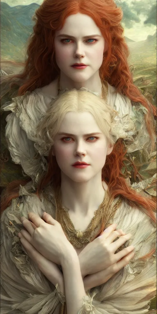 Image similar to lolita nicole kidman, beautiful fantasy maiden, dungeons and dragons, masterpiece by edgar maxence and ross tran and michael whelan, gustav dore, 8 k, octane render