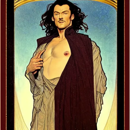 Image similar to luke evans portrait by louis - theophile hingre and alphonse mucha, realistic, sharp focus, zodiac signs, tarot cards, planets, ethereal, art nouveau, magic, moon, sun, crown, dreamy, royal, jewellery