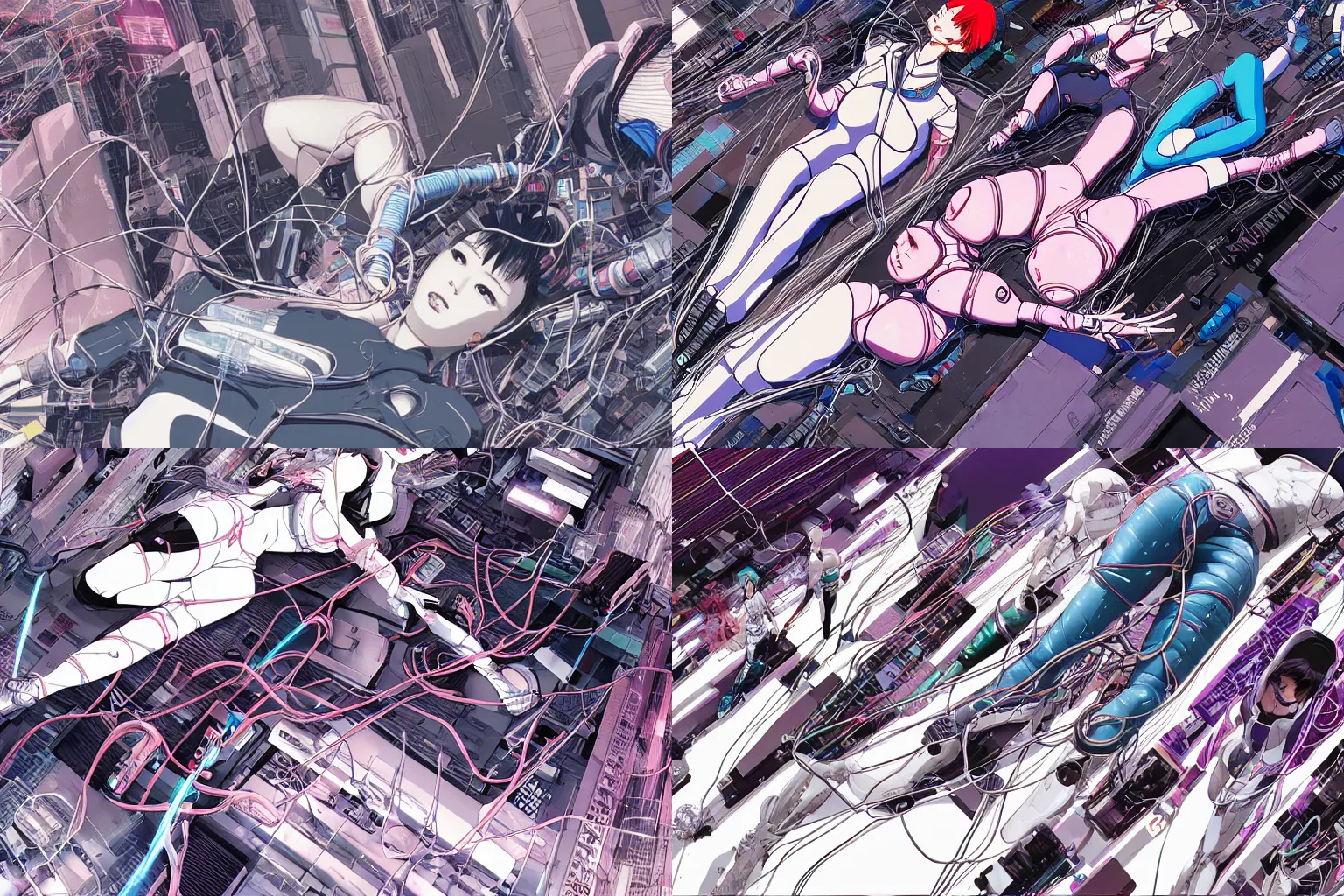 Prompt: a cyberpunk illustration of a group of super coherent female androids in style of yukito kishiro, lying on an abstract, empty, white floor with their body parts scattered around and cables and wires coming out, bymasamune shirow and katsuhiro otomo, hyper-detailed, intricate, colorful, view from above, wide angle, close up, beautiful