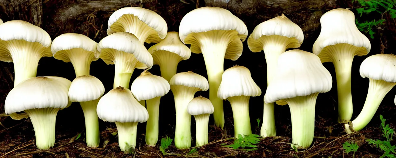 Image similar to king trumpet mushrooms, large thick cylindrical stem, small, flattened cap, ivory white stems, smooth caps are grey to brown and have rounded, curved edges, the stem and cap are joined by off - white thin short gills