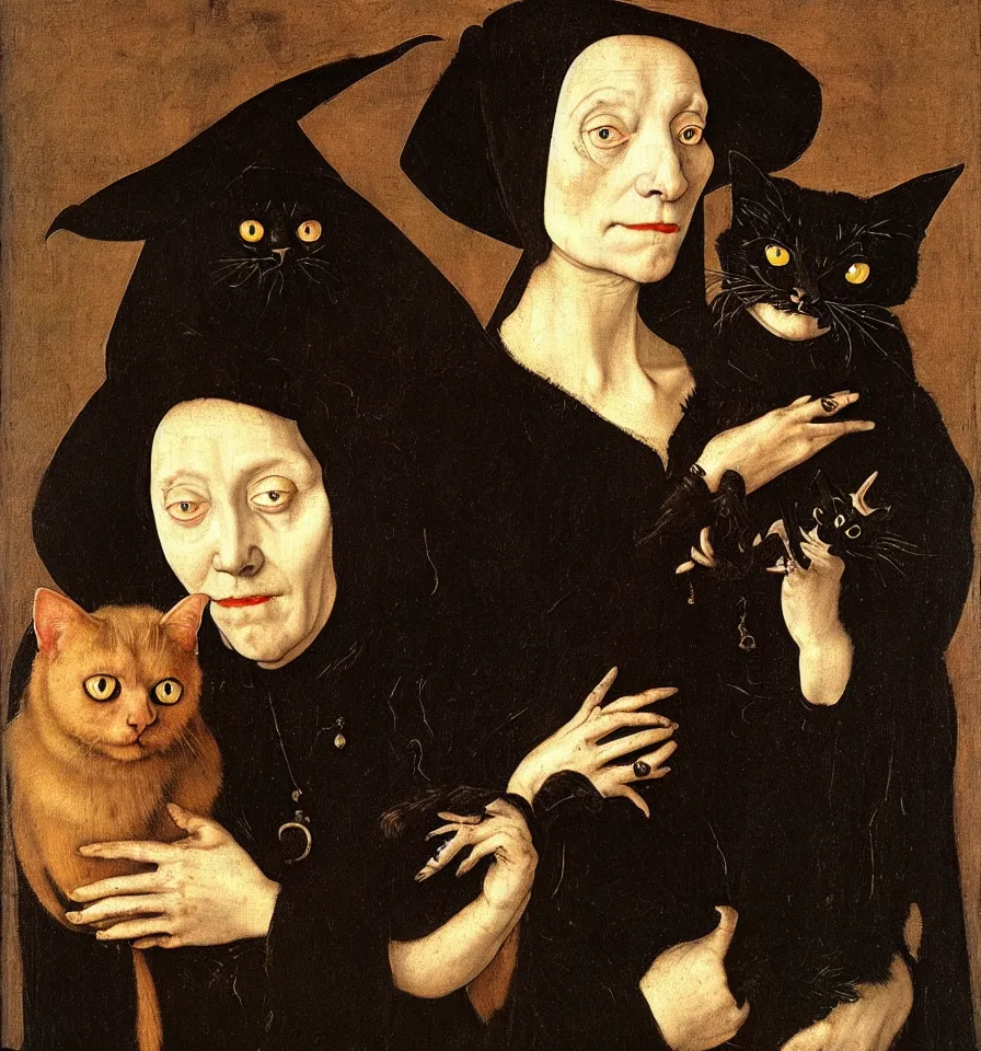 Image similar to painted portrait of a creepy witch with a black cat, 1 6 th century, hans holbein the younger, jan van eyck, gerit dou,