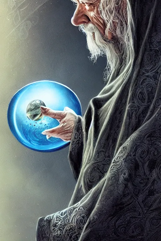 Prompt: gandalf the wizard in a hooded cloak gazing into a crystal ball, high details, intricately detailed, by vincent di fate, artgerm julie bell beeple, inking, screen print