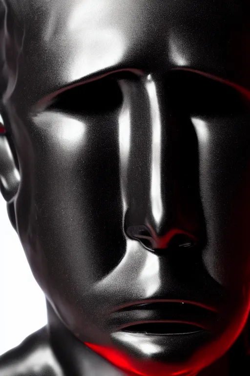 Image similar to polished black marble bust of a man with half skull statue hiding his face under a red velvet veil, sculpted by hedi xandt, epic and cinematic view, volummetric light, texturized, detailed, 8 k
