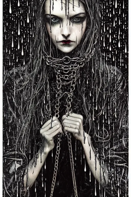 Image similar to dreamy gothic girl, black leather slim clothes, chains, strong rain night, beautiful slim body, detailed acrylic, grunge, intricate complexity, by dan mumford and by alberto giacometti, peter lindbergh