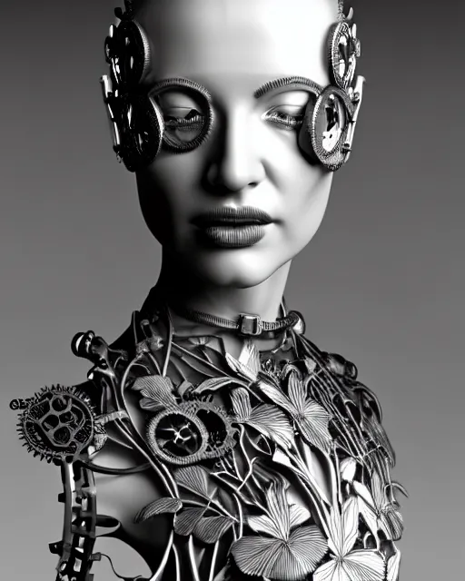 Image similar to monochrome 3 d model, 1 9 4 0 picture, silver floral steampunk biomechanical beautiful young female cyborg with porcelain profile face and a techno eye, volumetric light, leaves foliage and stems, hibiscus flowers, sinuous fine roots, fine foliage lace, alexander mcqueen, rim light, big gothic fashion pearl embroidered collar, octane render, 8 k