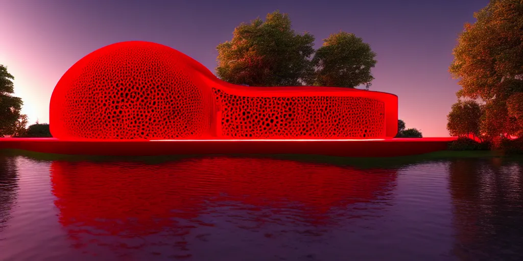 Prompt: A beautiful architectural rendering of a blob shaped trypophobia house with a mysterious red glow emitting from inside in a modern cityscape by a river, stunning, gorgeous, golden ratio, photorealistic, featured on artstation, 4k resolution