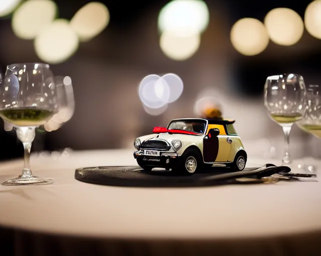 Prompt: 8 5 mm food photography of a mini cooper s at a restaurant with dof and bokeh and wine glasses out of focus in the background. highly detailed 8 k. intricate. lifelike. soft diffused light. nikon d 8 5 0.