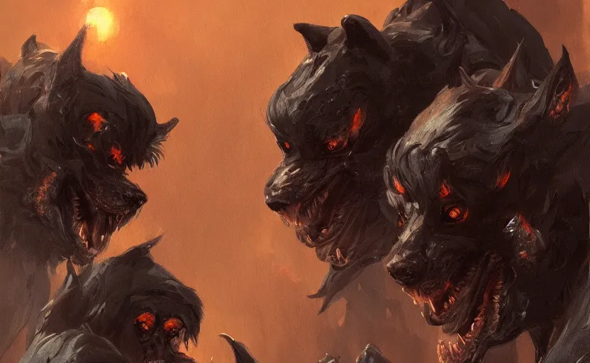 Prompt: A painting of Cerberus trending on artstation in the style of Greg Rutkowski