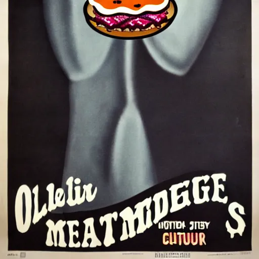 Image similar to old poster of a vampire holding a big meaty burger