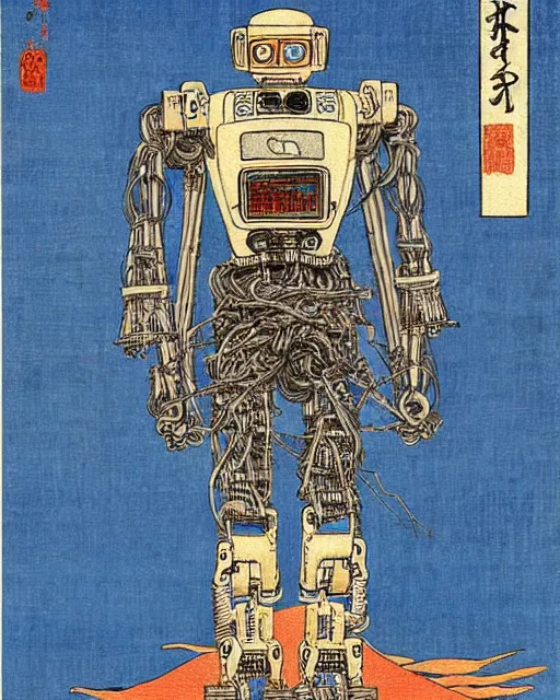 Image similar to Hiroshige portrait of a robot saint made of cables and robotic pod by Marc Silvestri