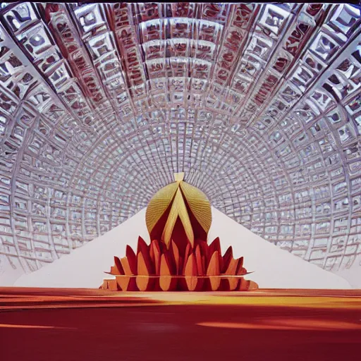 Image similar to interior of a futuristic lotus mandala temple with gold, red and white marble panels, in the desert, by buckminster fuller and syd mead, intricate contemporary architecture, photo journalism, photography, cinematic, national geographic photoshoot