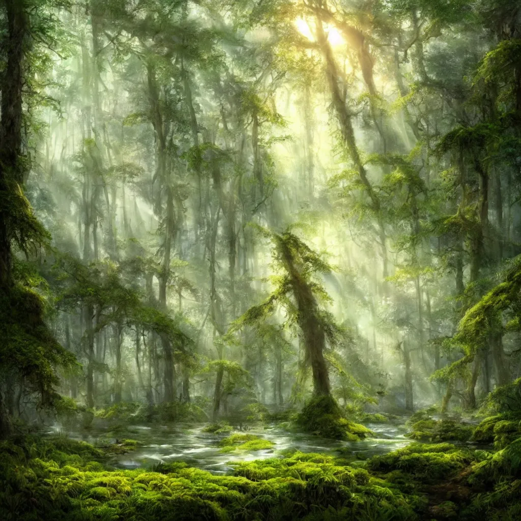 Prompt: A wide shot by an extremely high resolution digital camera of an enchanted forest is shown. Genetically modified magic moss, covering the ground, with a barely seen lake beneath it. Rare, magically glowing, incredible flowers are seen all over the landscape. Sun rays sparkling the dew drops. Greg Rutkowski and Thomas Kinkade. Trending on Artstation.